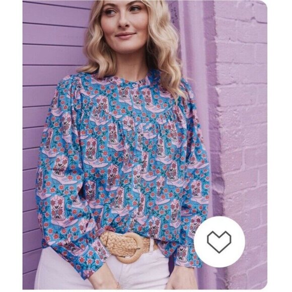 Print Fresh Rhinestone Cowgirl Birdie Blouse Cowboy Boot Print Top Sz Medium NEW - Picture 1 of 11